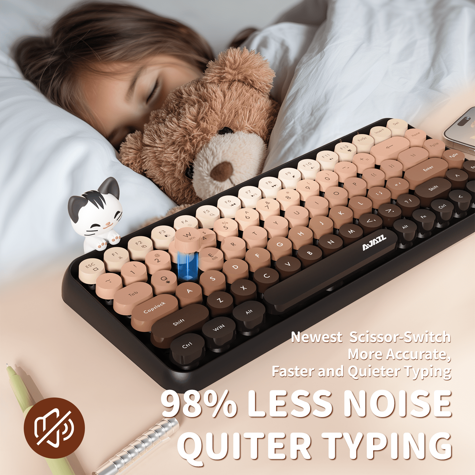 Ajazz 308i Retro Wireless Bluetooth Silent Computer Keyboard with Round Punk Compact 84 keys, Lightweight, Matte Texture, Typewriter Design, Cute Magnetic Cat Ornaments for PC, Laptop - Pink