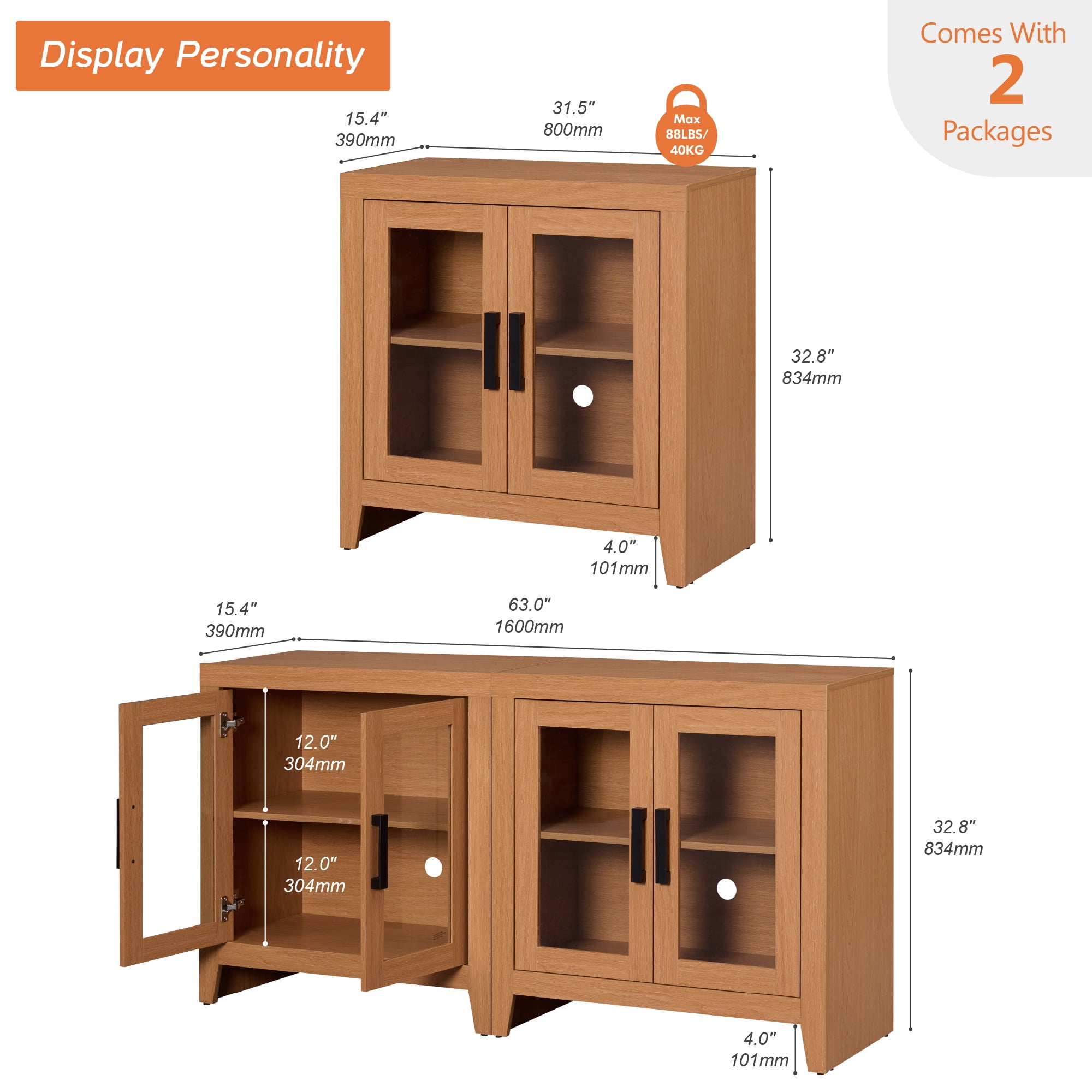 WAMPAT Modern Farmhouse TV Stand up to 70"TV, Entertainment Center with Tempered Glass Doors & Adjustable Shelves, Mocha