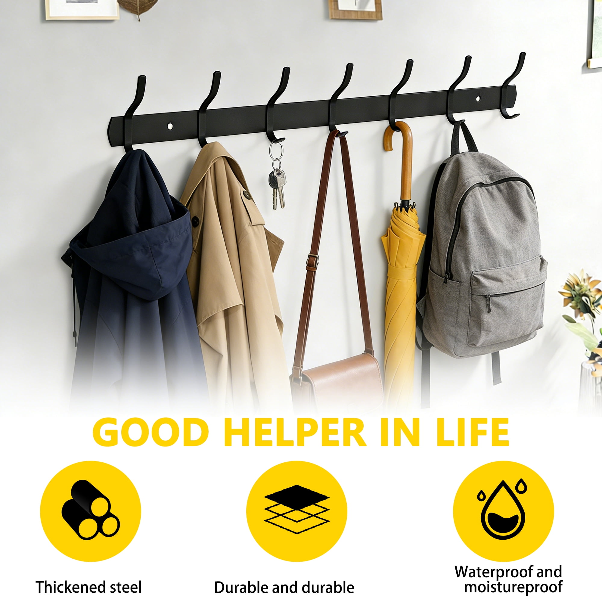 Coat Hooks with 7 Hooks, Double-headed Wall Hook Rack, Heavy Duty Coat Hanger Wall Mount for Entryway and Bedroom Bathroom
