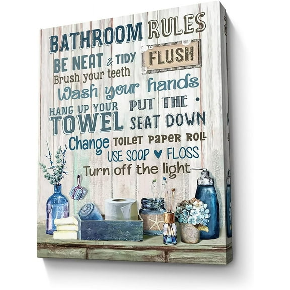 Bathroom Decor Canvas Wall Art Rustic Bathroom Rules Sign Picture Navy Blue Bathroom Wall Decor Painting Framed Modern Artwork for Bathroom Toilet LaundryRoom Decor 12x16 inch