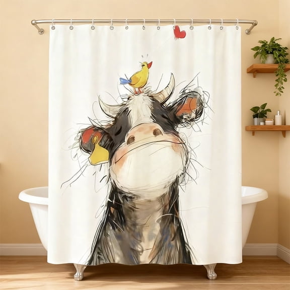 Auckpure Cute Cow and Yellow Bird Wall Art Print, Whimsical Farm Animal Illustration with Heart Detail for Kids’ Room, Nursery, and Home Decor
