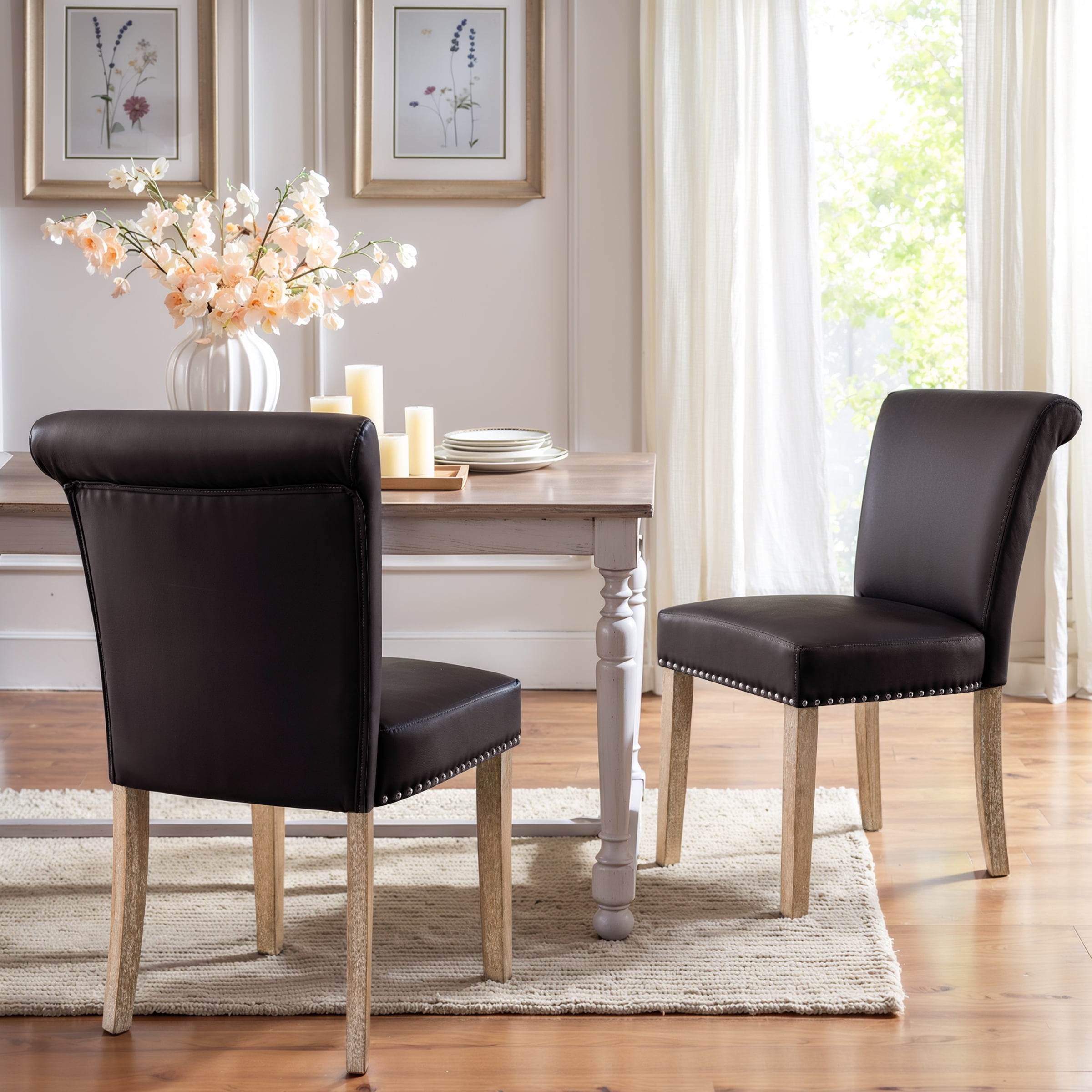 Subrtex Leather Anchor Studded Indoor Dining Chair Set of 2, Modern Mid-Century Home Chairs, Brown