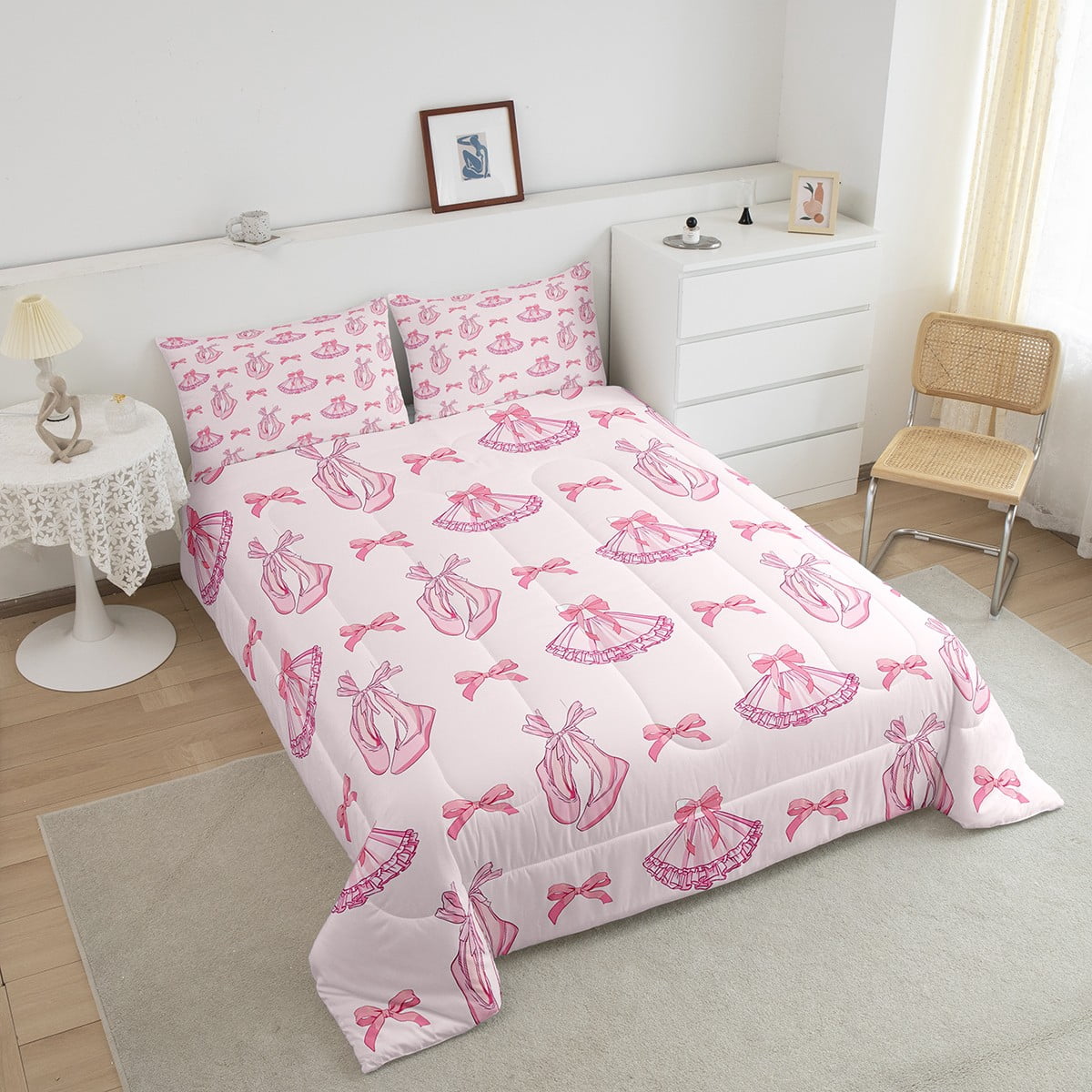 Erosebridal Pink Bowknots Comforter Set Twin Size,Cute Dancing Ballet Bedding Set,Princess Style Quilt Set Women Teens Room Decor,Romantic Duvet Insert,1 Pillowcases