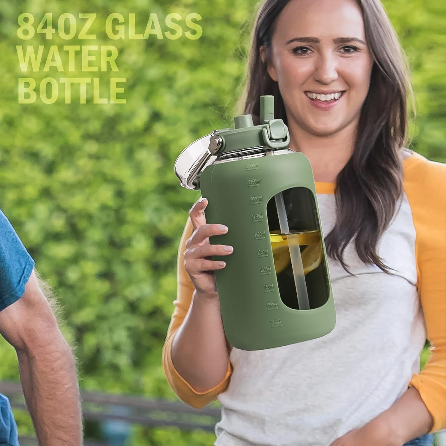 MUKOKO 84oz Glass Water Bottle, 2.5L Gallon Water Jug with Straw Lid and Stainless Steel Handle, Motivational Capacity Marker, Olive