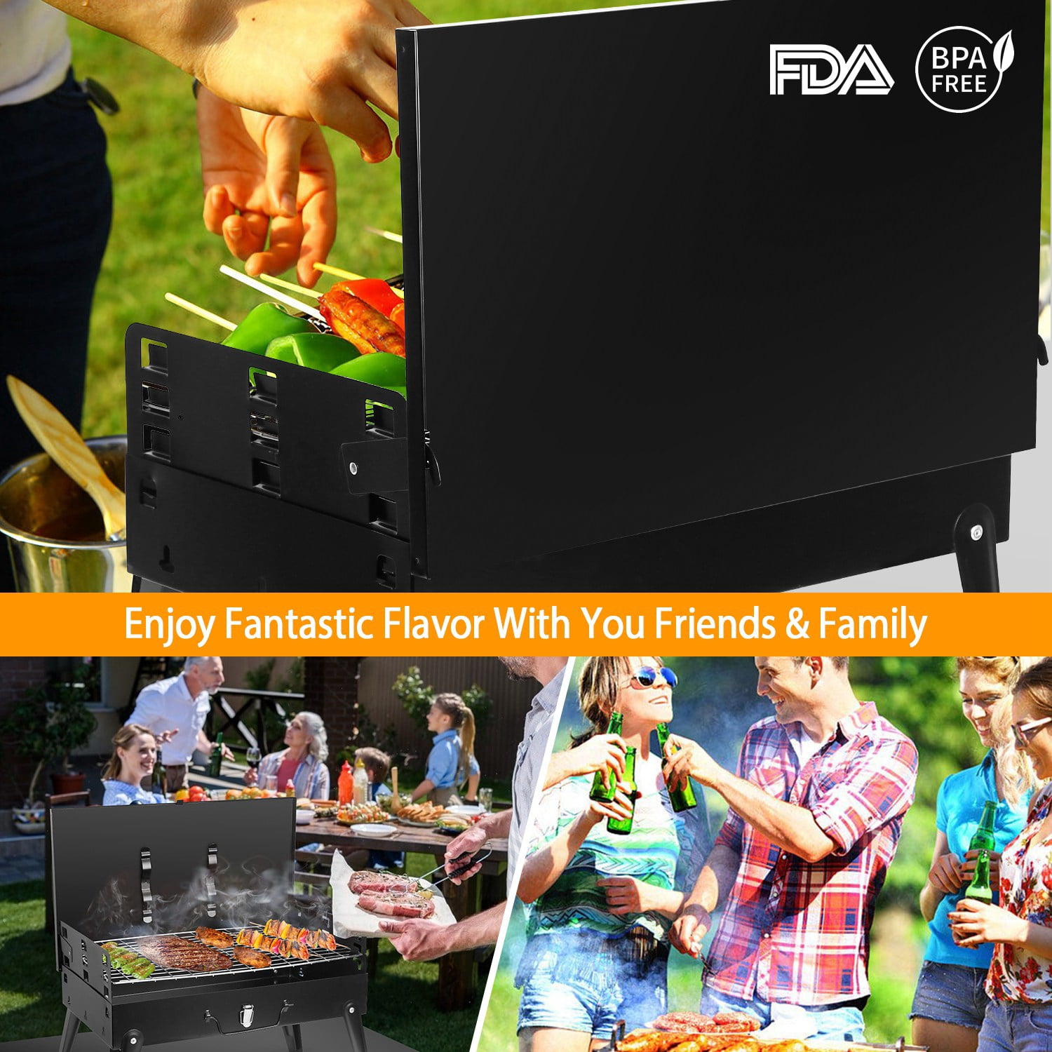 Foldable Charcoal BBQ Grill, 3 Adjustable Height Outdoor Barbecue Rack with Wind Shield & Tool Storage, for Camping Picnic Backyard Party Cooking