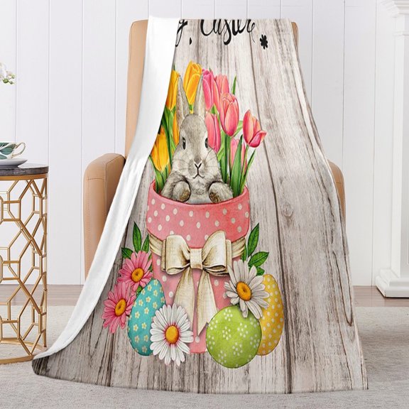 Gallickan Fuzzy Bunny Blanket, Cute Easter Throw Blanket with Bunny,Eggs and Floral Pattern, Soft Plush Blankets for Couch, Sofa, 40x28 Inches, B