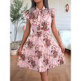 thumbnail image 5 of Women Floral Pleated Knee-Length Dress Vacation Crew Neck Sleeveless High Waist Slim Robe Pink M, 5 of 7