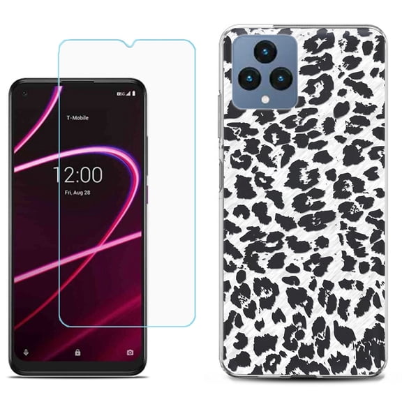Slim-Fit Gel TPU Fashion Phone Case for T-Mobile Revvl 6 5G, with Tempered Glass Screen Protector, by OneToughShield ® - Cheetah B/W