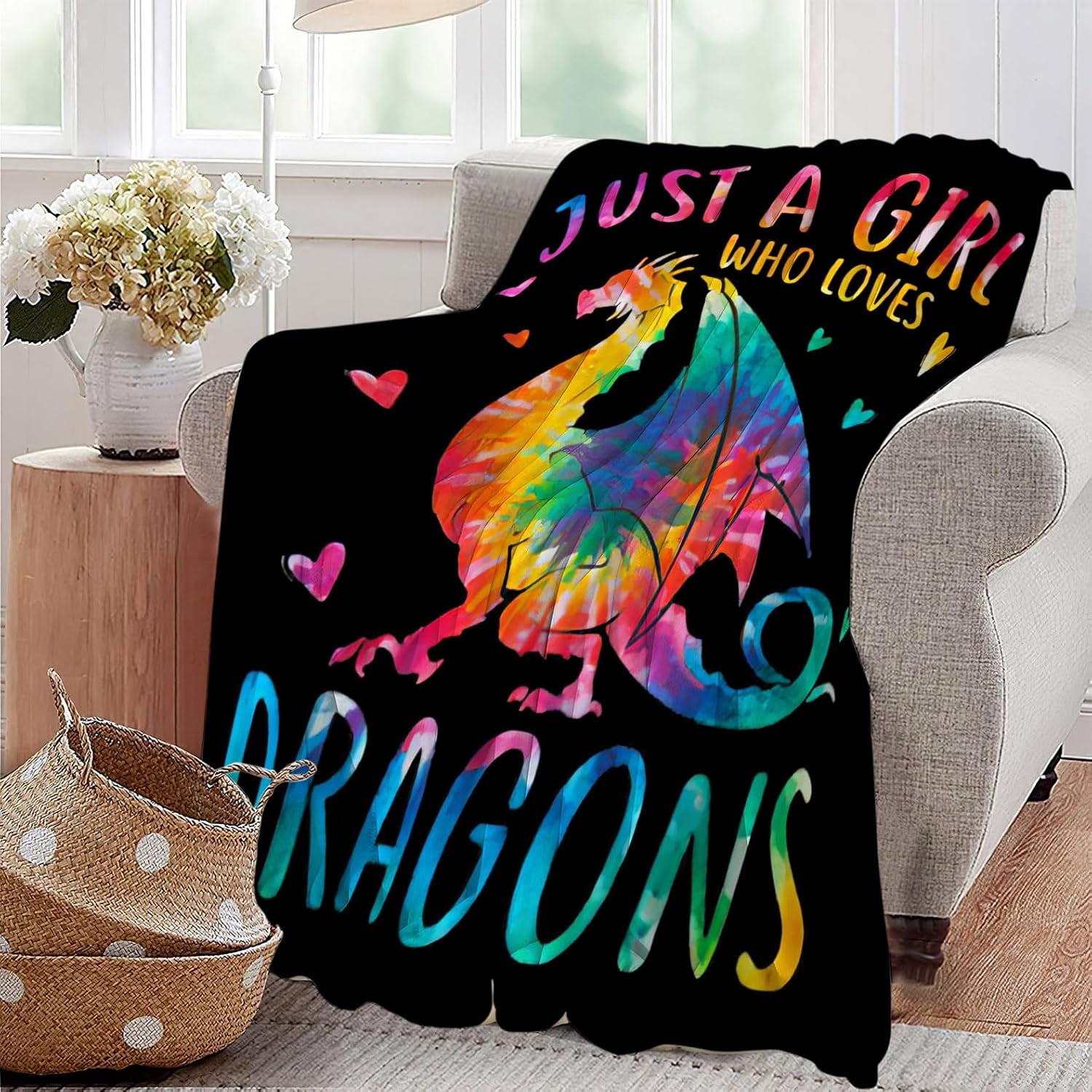 Just A Girl Who Loves Dragons Blanket Soft Warm Cozy Colorful Dragon Throw Blankets for Boys Girls Fuzzy Plush Blanket Fleece Lightweight Flannel Kid Adults Gift for Bed Couch Sofa 50"x40"