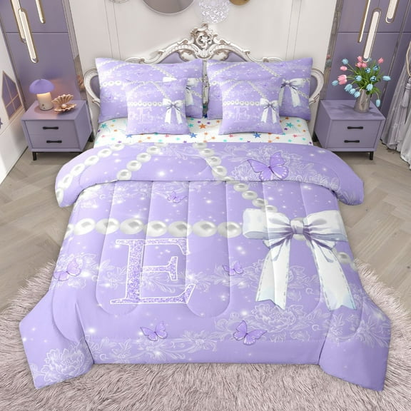 Manfei Personalized Bowknot Initial E Girl 7-Piece Twin Bedding Sets,Chic Flower Butterfly Bedding Comforter Set,Dreamy Princess Breathable Sheet Sets,Bling Glitter Home Decor,Reversible
