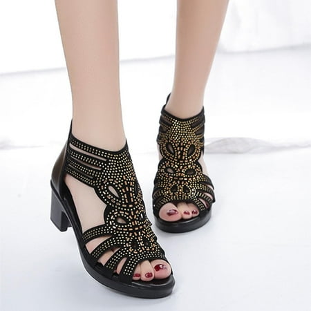 

Binmer Women s Summer Outdoor Thick-Soled Rhinestone Hollow Open Toe Breathable Sandals