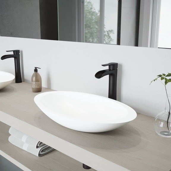 VIGO Matte Stone Wisteria Composite Oval Vessel Bathroom Sink in White with Niko Faucet and Pop-Up Drain in Matte Black