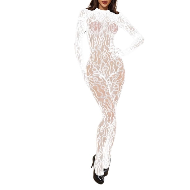 Body de encaje de manga larga para mujer: top sexy con patrón floral calado para dormir o salir de fiesta, nailon/spandex, talla única
