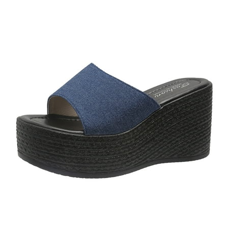 OJSFQUFP Women Shoes Casual Ladies Fashion Retro Solid Color Denim Open Toe Thick Bottom Slope Heel Sandals Soft Sole Outdoor Beach Shoes House Slippers Cute Dark Blue 42
