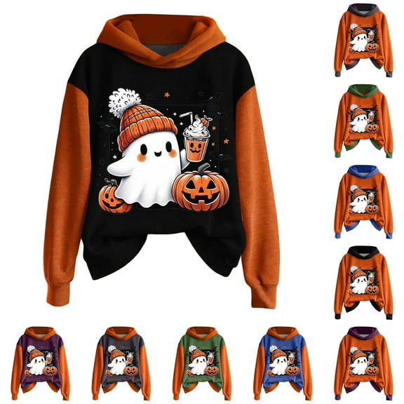 JULMCOMO Halloween Sweatshirts for Women Cute Novelty Pumpkin Face Hoodie Spooky Long Sleeve Pullover Drawstring Sweatshirts Fall Costumes with Pockets Black 2XL