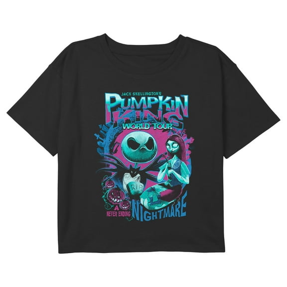 Girl's The Nightmare Before Christmas Pumpkin King World Tour Poster Graphic Cropped T-Shirt Black Large