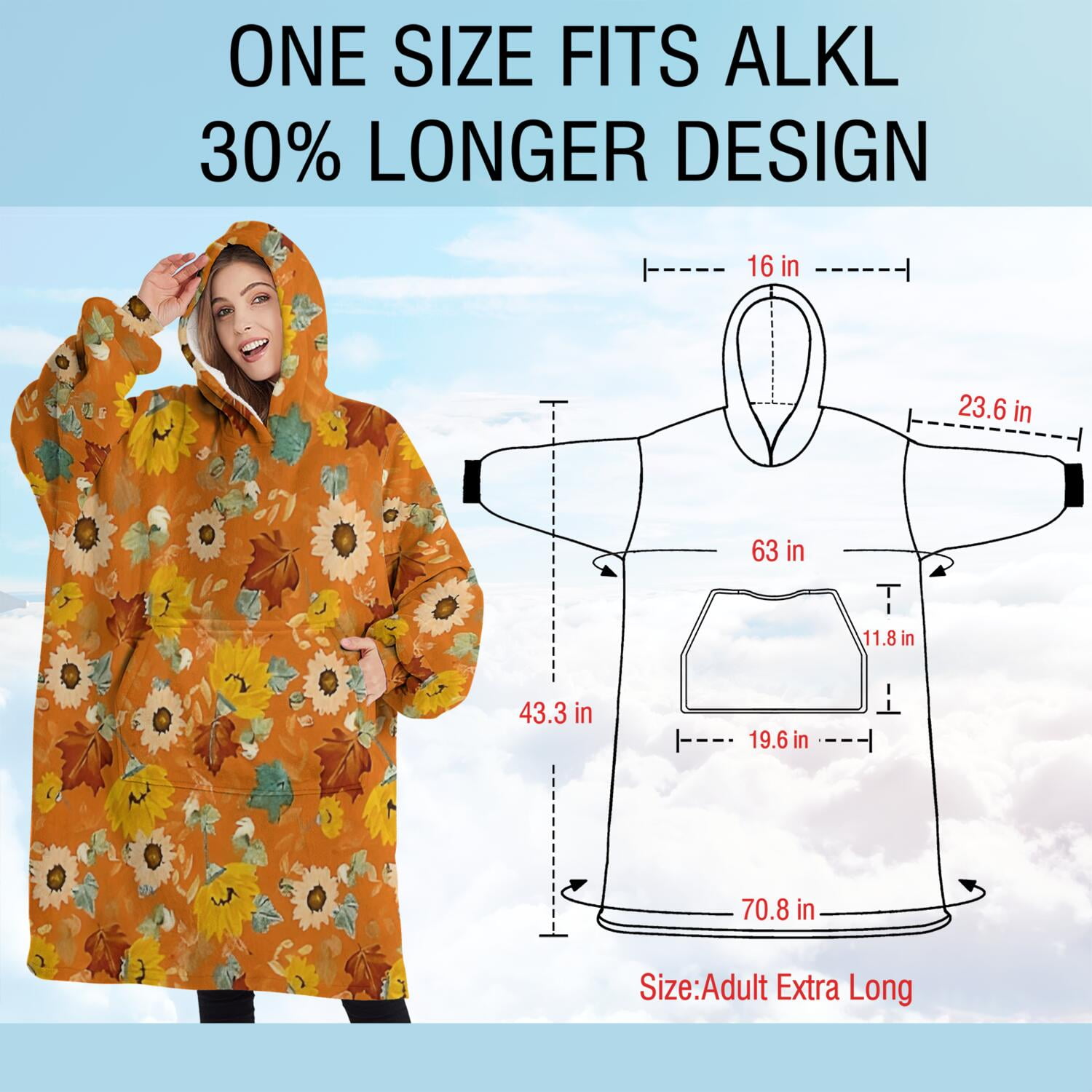 Oversized Wearable Blanket Hoodie,Orange Leaf Sunflower Pattern Sherpa Blanket Hoodie with Super Pockets,Super Warm Fuzzy Pullover for Women & Men