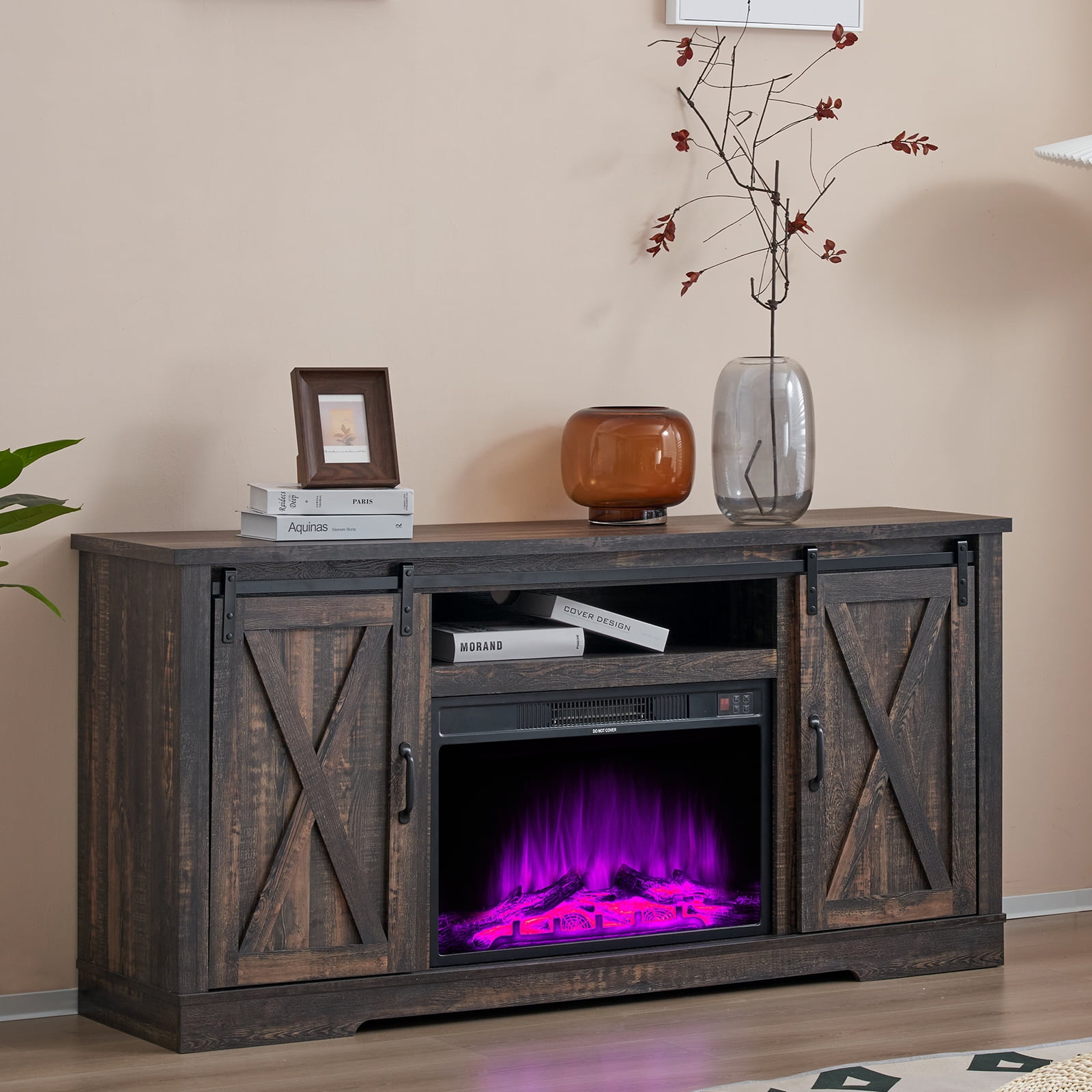 Merluxy Farmhouse 63" Fireplace Entertainment Center, Dark Rustic Oak