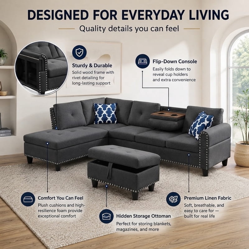 98" L-Shaped Sectional Sofa with Storage Ottoman, 4-Seat Linen Upholstered Modular Couch with Left Chaise, Drop-Down Backrest with Cup Holders, Nailhead Trim, 3-Piece Sofa Set for Living Room, Office