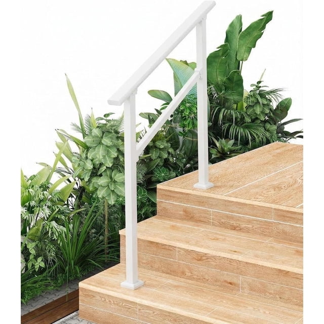 YUSAZENS 3 Step Outdoor Step Handrail, Aluminum Alloy Rail with Iron Support Column, White, Full Installation Hardware and Mounting Tools Included