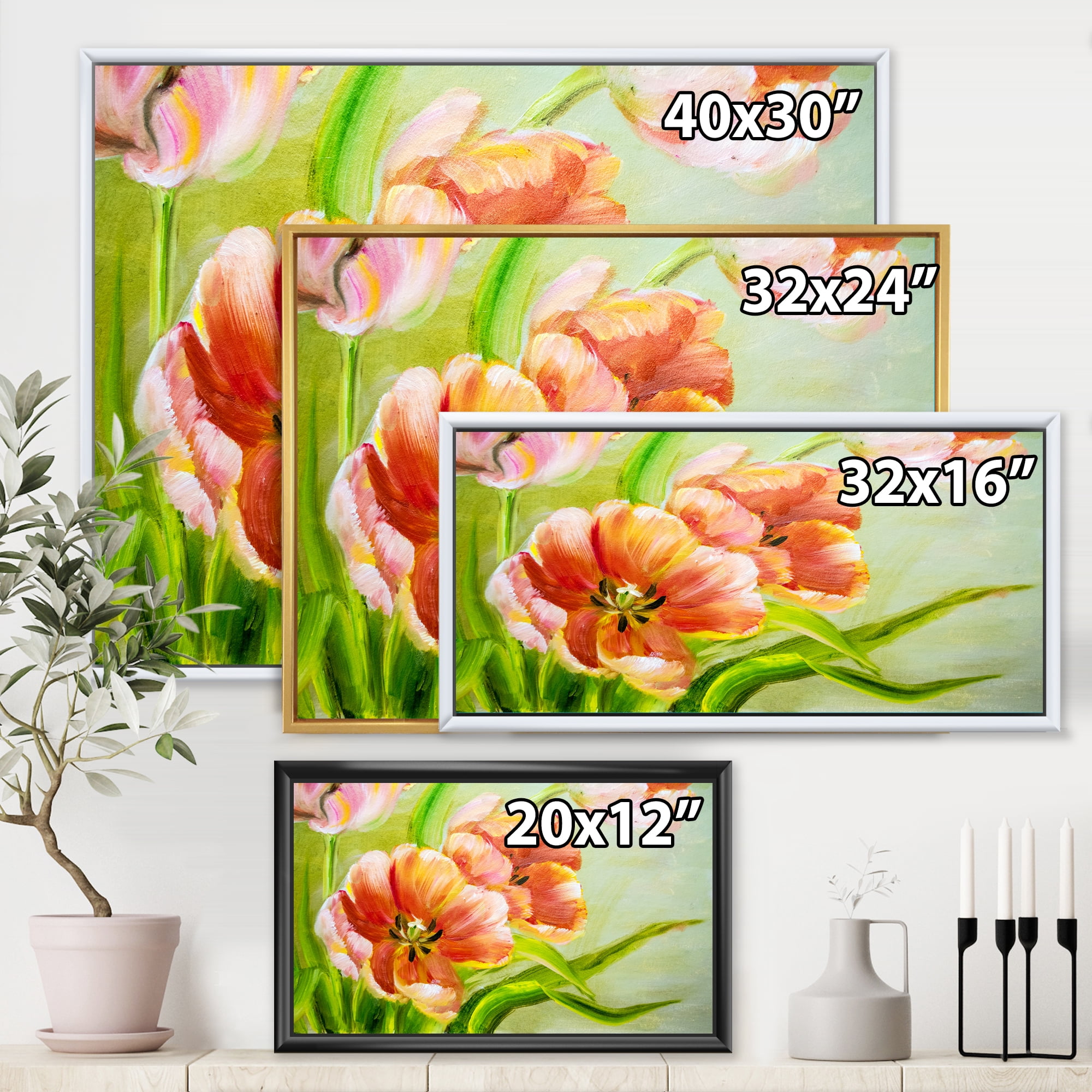 Designart 'Ancient Red Tulips Flowers II' Traditional Framed Canvas Wall Art Print