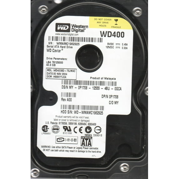 WD400BD-75JMA0, DCM HSBAYTJCA, Western Digital 40GB SATA 3.5 Hard Drive