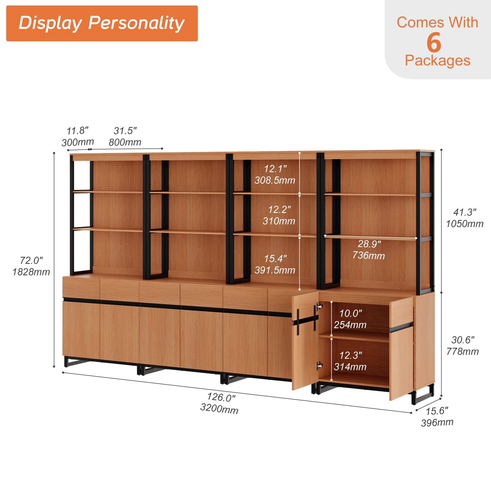 WAMPAT 4-Piece Modern 72" Tall Library Bookcases with Metal Base & Adjustable Shelves, Wood Bookshelves with Storage Cabinet & Open Shelves for Home Office & Living Room, Mocha