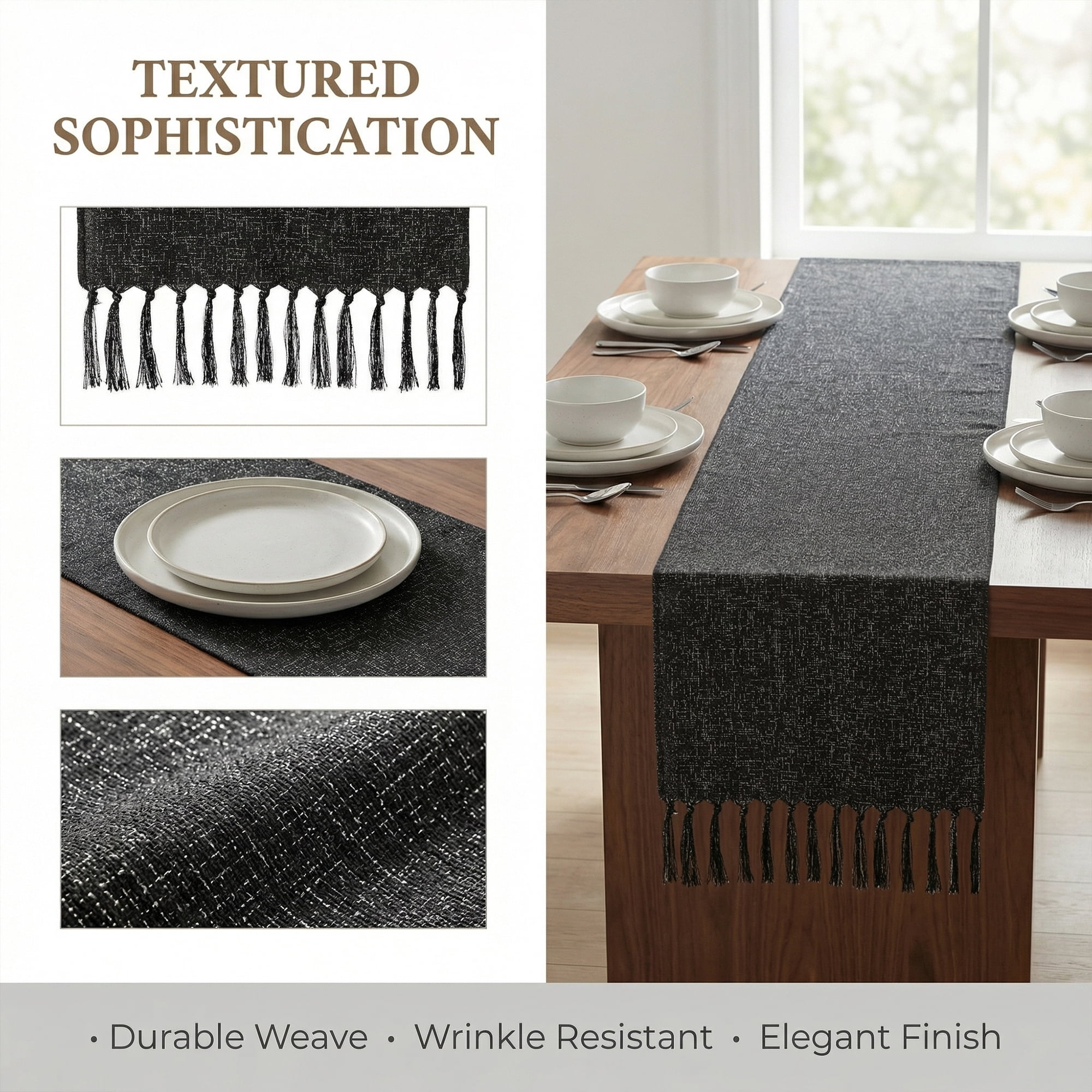 Unique Bargains Birthday Decorations Table Runner with Tassels Black 13x72in