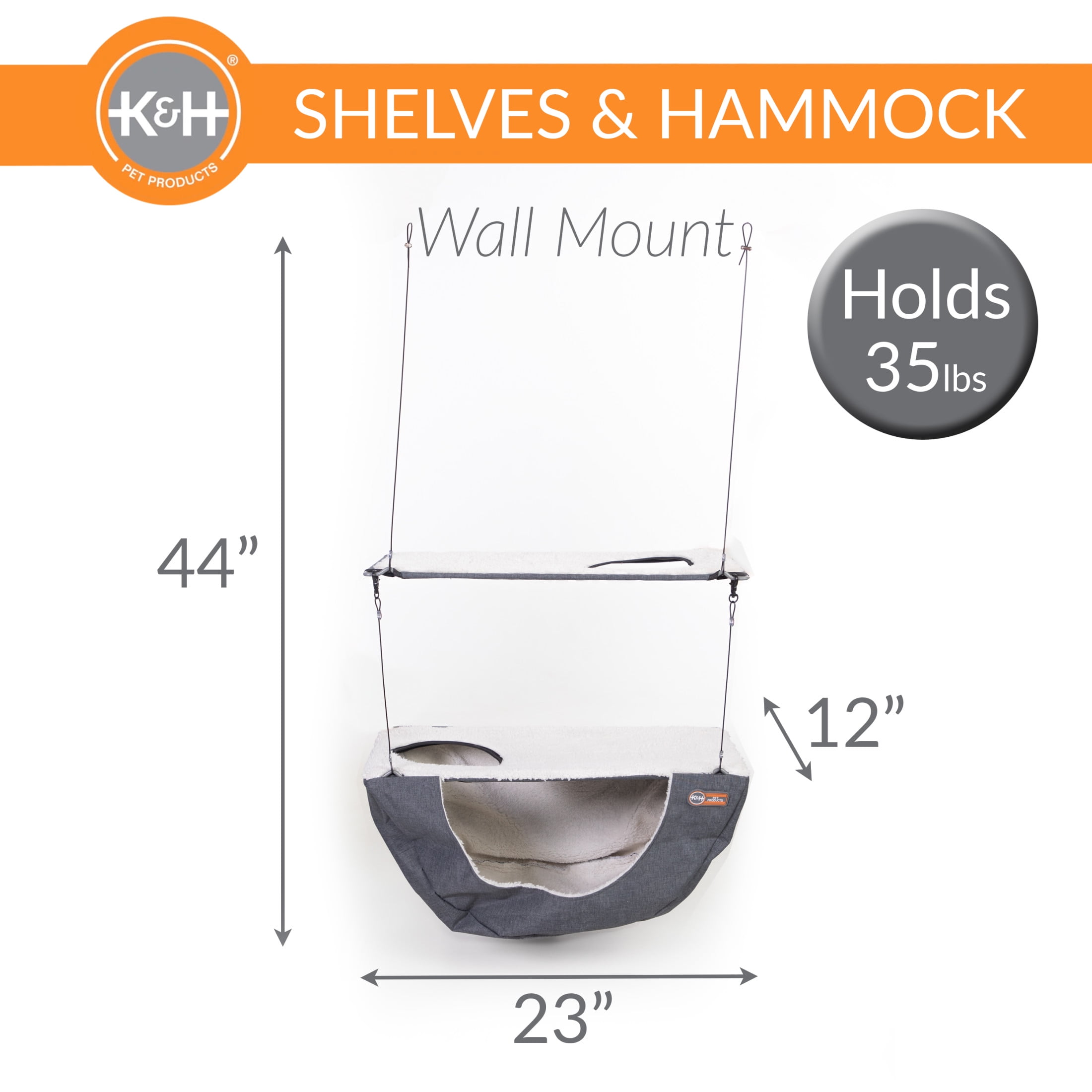 K&H Pet Products Wall Mount Cat Shelf & Cat Hammock, Double Shelf Gray/Natural, 23" x 12"