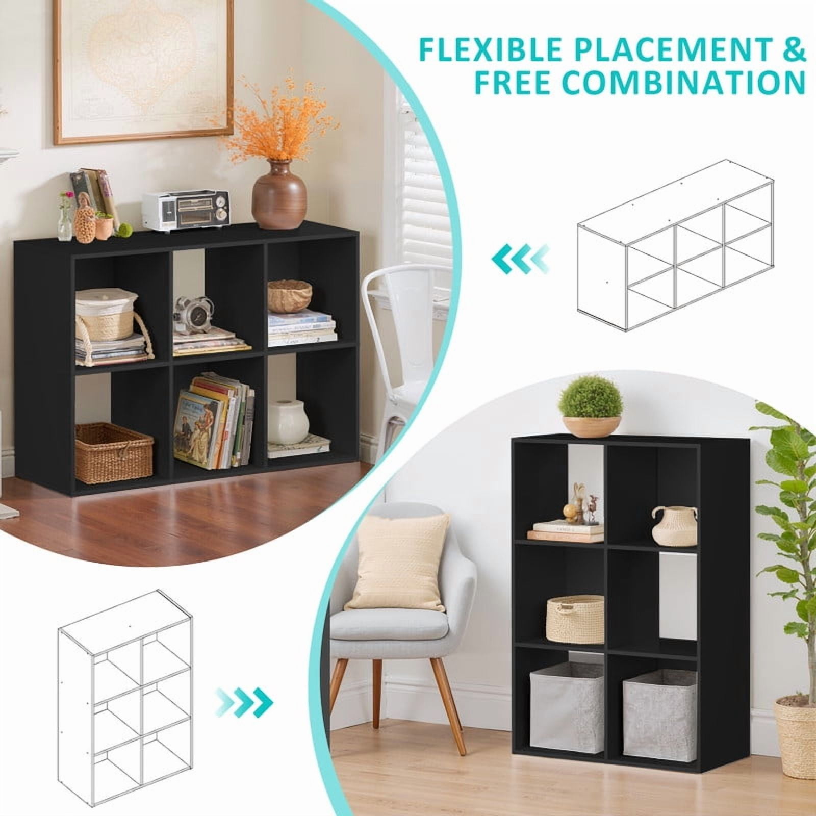 Beddle 6-Cube Storage Organizer, Open Bookshelf with Removable Back Panels, Black Wood Bookcase for Living Room, Bedroom and Home Office