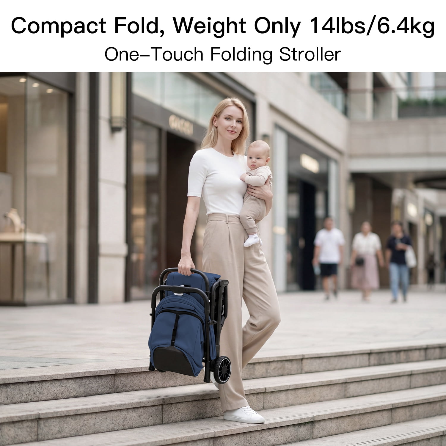 Gromast Compact Fold Baby Stroller, Lightweight Travel Toddler Stroller with One-Click Fold, Extendable UPF50+ Canopy, Cup Holder, UV Protected and Waterproof, One-Hand Folding - Blue