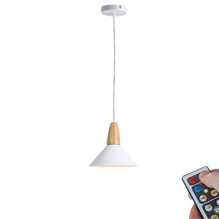 

FSLiving 1-Light 100 Lumens Multi-Function LED No Cord Remote Control Battery Run Wood Aluminum Pendant Light for Aisle Laundry-Easy Installation Dimmable - Battery Not Included (White)