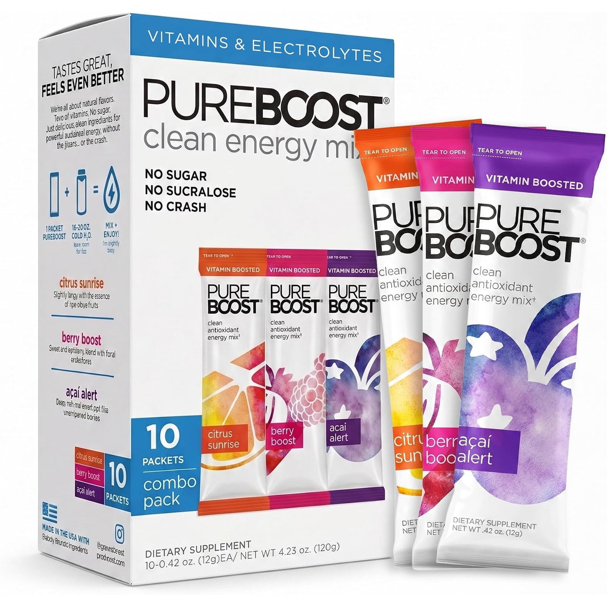 Pureboost Clean Energy Drink Mix, Citrus Sunrise, Berry Boost and Acai Alert , Sugar-Free (Combo Pack, 10 Count)