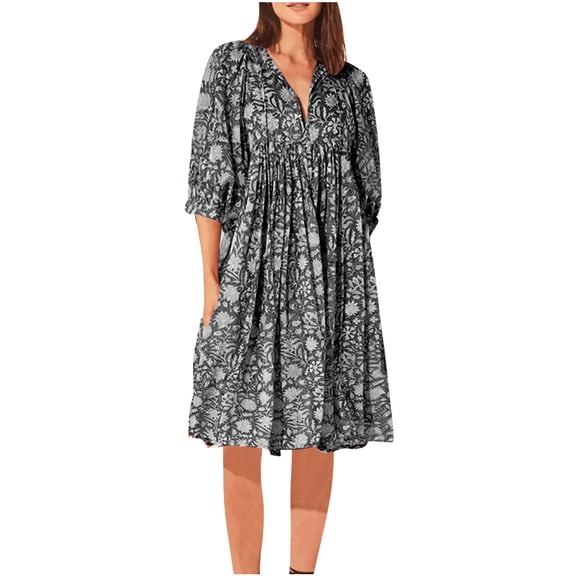 WRKEKC Womens Dresses Casual Print V-Neck Long Sleeve Maxi Dress with Boho Style and Flowy Skirt