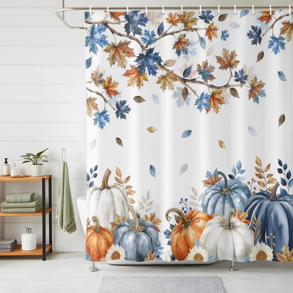 Shower Curtains for Bathroom, Navy Blue Pumpkin Fall Waterproof Fabric Shower Curtain, Thanksgiving Maple Leaves Branches Decorative Bathroom Curtain for Bathtub, 36"x72", No Hooks Included