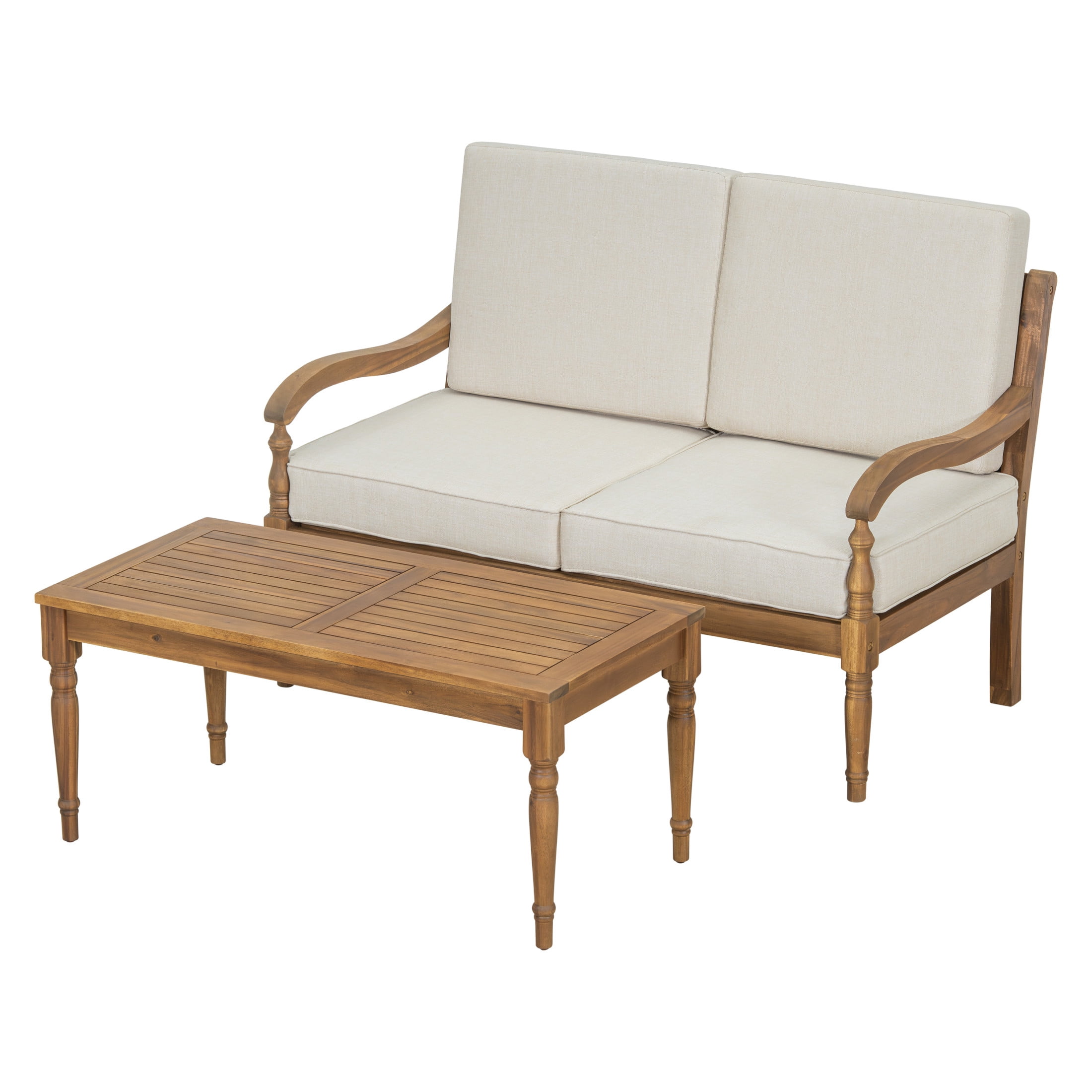 Christopher Knight Home 2-Piece Outdoor Sofa Seating Group with Cushions, Acacia Wood Patio Set, Natural + Beige