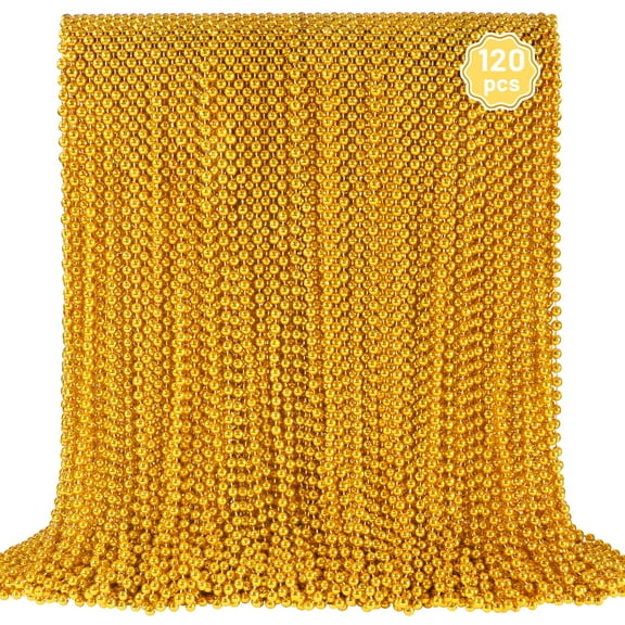 YAXINRUI 120 PCS Gold Mardi Gras Beads, Gold Bead Necklaces, Christmas Necklace, 33 Inch Round Beaded Necklace for Mardi Gras Party Christmas New Year Eve Festive Events, Party Favors