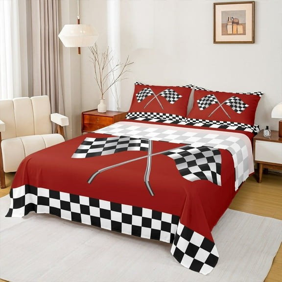 Homewish Racing Flag Twin Sheet Sets,Classic Geometric Checkered Twin Fitted Sheet,Red White Black Flat Sheet For Boys Teens,Ultra Soft Home Decor,3-Piece
