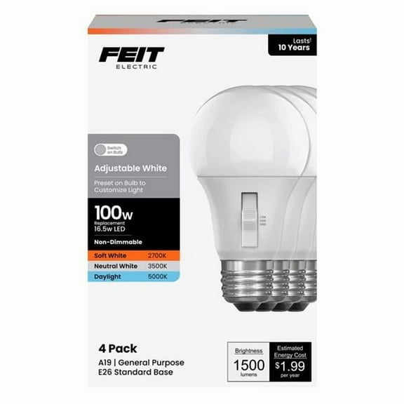 Feit Electric 3018672 100W A19 E26 Adjustable Equivalence Medium LED Bulb, White - Pack of 4