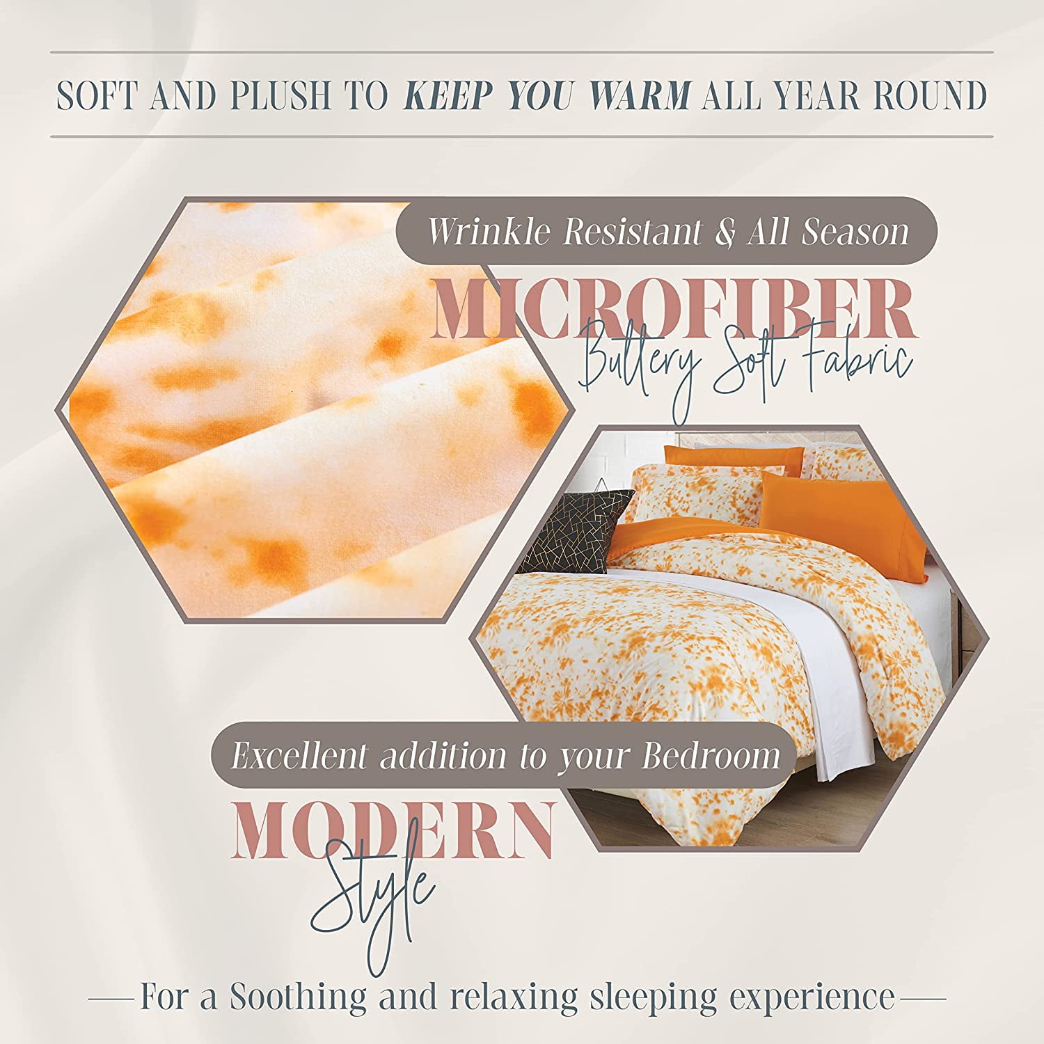 Elegant Comfort Reversible 10-Piece Comforter Set, Tie-Dye Print, Decorative Pillow and Fitted Sheet with Smart Pockets, Soft, Plush, Lightweight Material, 10pc Tie-Dye Set, Twin, Orange