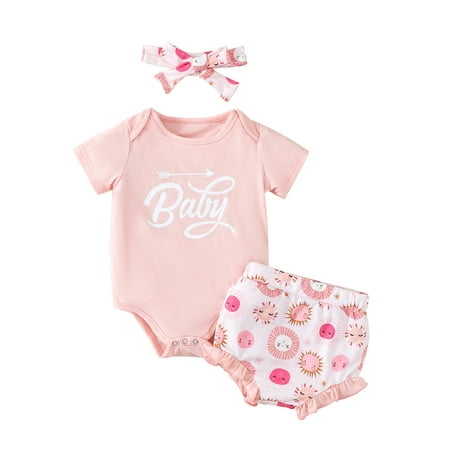 

Maemukilabe Infant Baby Girls 3Pcs Clothes Suit Short Sleeve Romper Tops Summer Spring Loose Shorts Headband Pink 18-24 Months