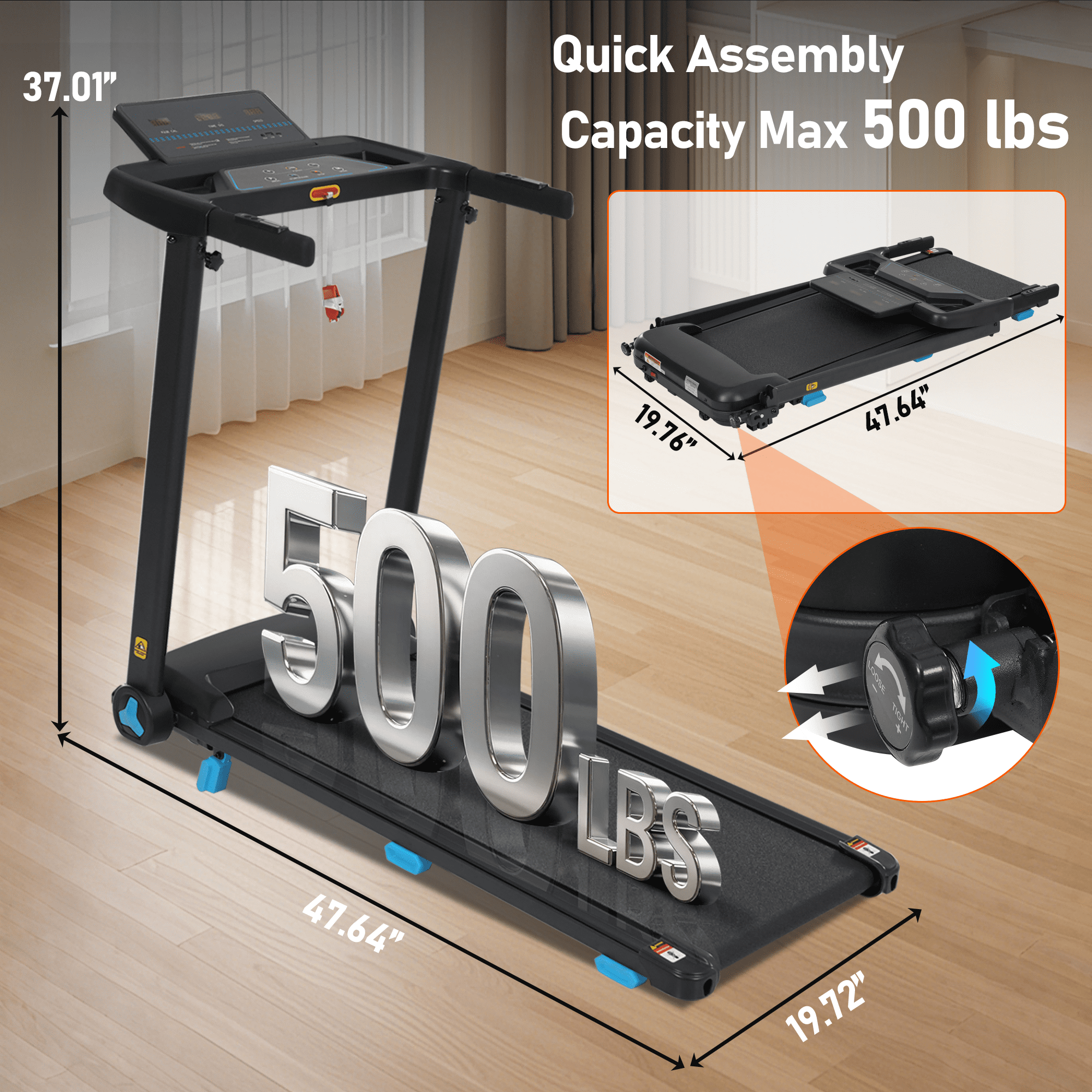 VLDTDRDI 500LBS 3HP Folding Treadmill with 7 Layer Belts,10Mph Electric Treadmil with 10% Incline and Adjustable 3-screens Display,19.72"W Oversized Walking Pad for Home Office