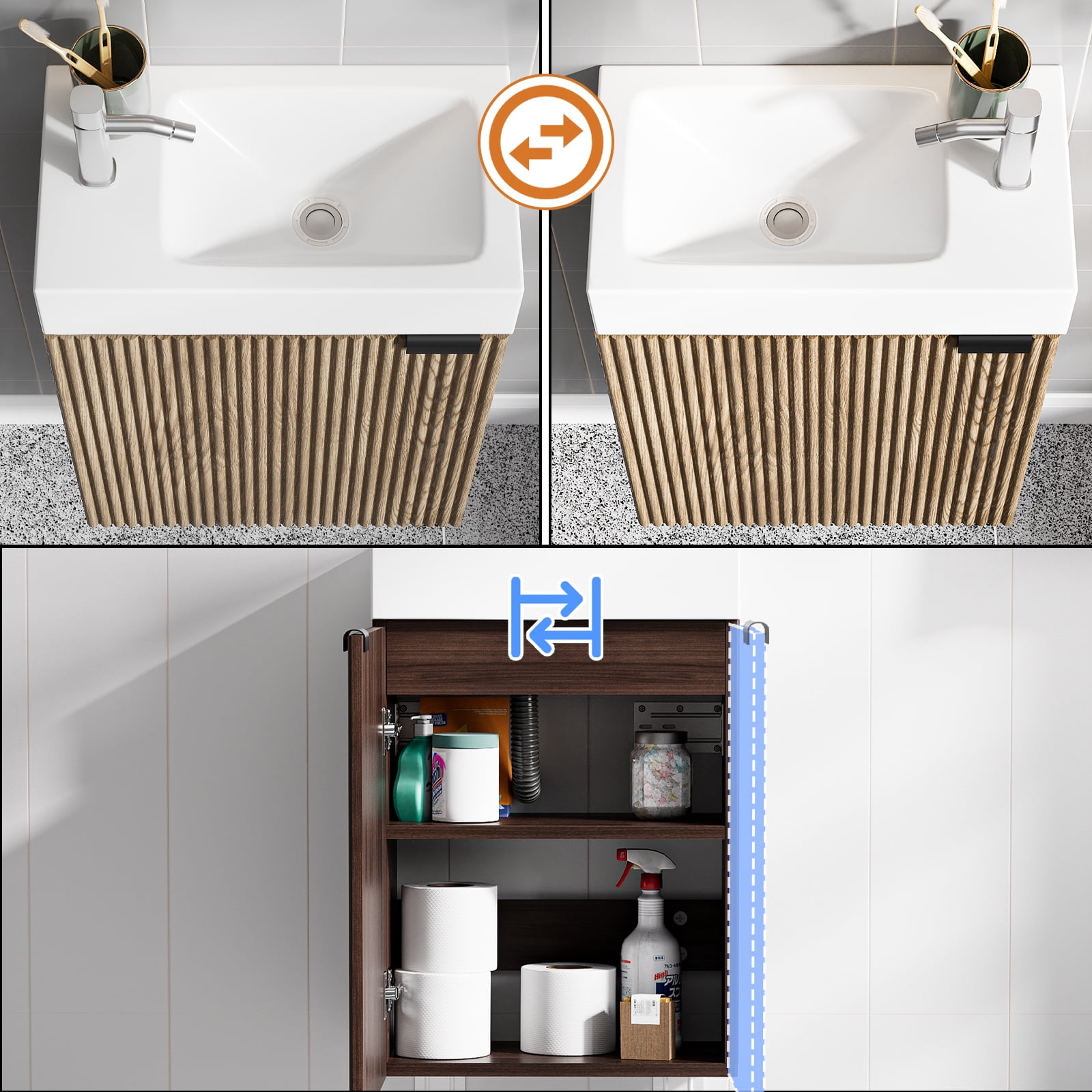 16" Bathroom Vanity with Sink & Cabinet, Soft-Closing Doors, Adjustable Shelf, Wall-Mounted Wooden Storage Vanity with Drain Assembly, Space-Saving for Small Toilet/Bathroom