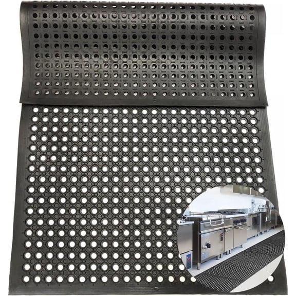 WANLISELL Rubber Drainage Mat, 60'' x 36'' Non-Slip Doormat Indoor/Outdoor, Commercial Heavy Duty Rubber Mat for Restaurant Kitchen Bathroom, Black