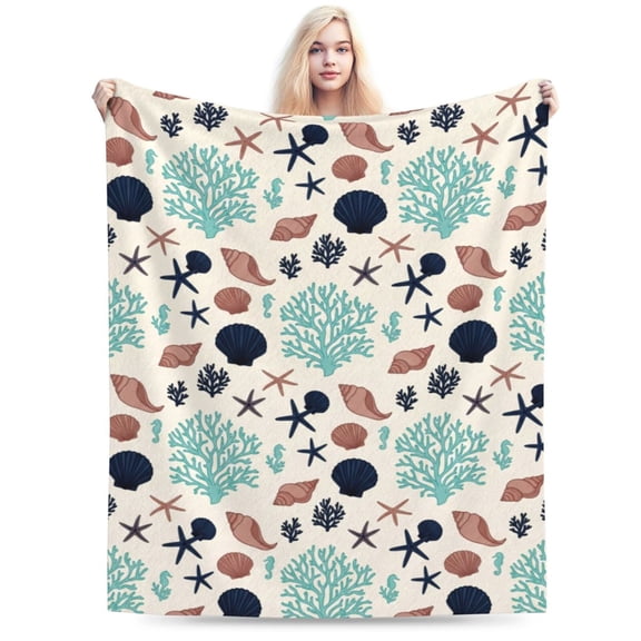 Ocean Blanket, Coastal Shells Print, Soft Flannel Winter Couch Throw for Sofa and Chair 50x40