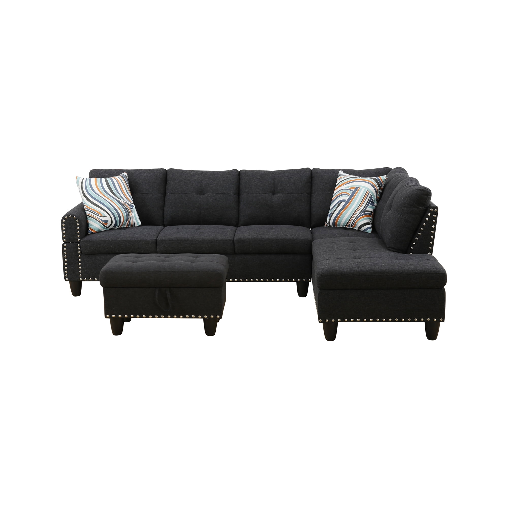 Howcool 98" Sectional Sofa, L-Shaped Couch with Storage Ottoman & Right-Facing Chaise, Linen Fabric Modular Sectional Sofa for Living Room, Apartment & Small Space, Black Gray