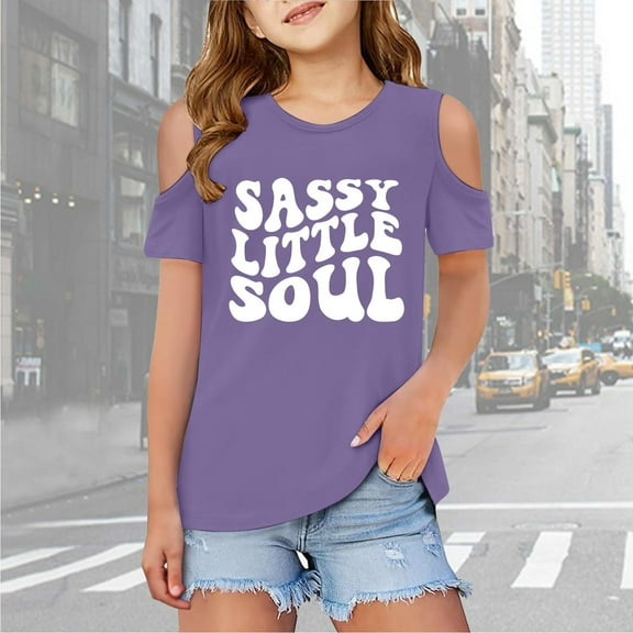 Girls Shirts Kids Letter Printed T Shirt Short Sleeve Shoulder Cut-Out Crewneck Pullover Undershirt Girls Tops Size 7-8 Years