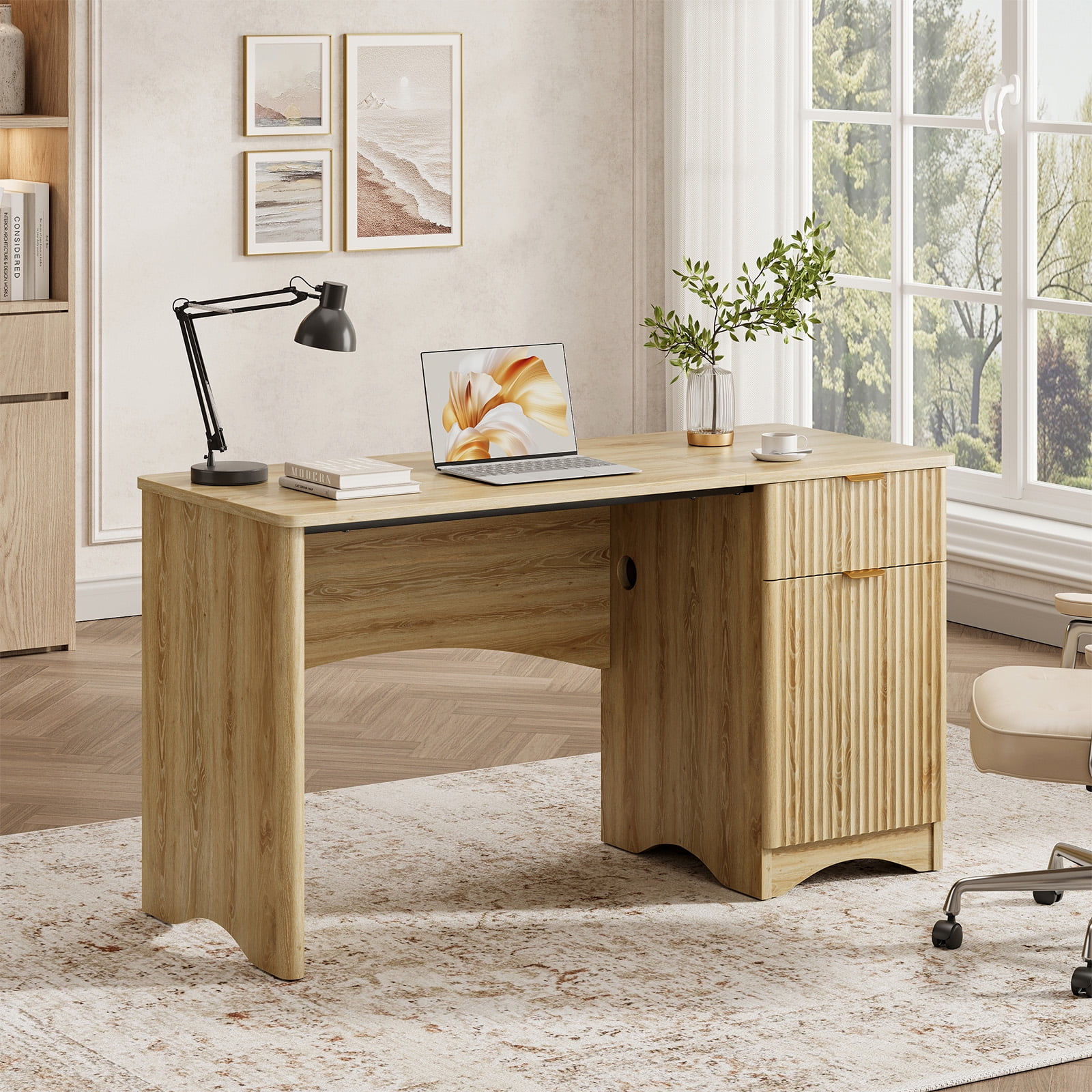 Bestier 47" Computer Desk with Drawer, Modern Home Office Desk with Storage Cabinet, Fluted PC Study Writing Desk for Small Spaces, Oak