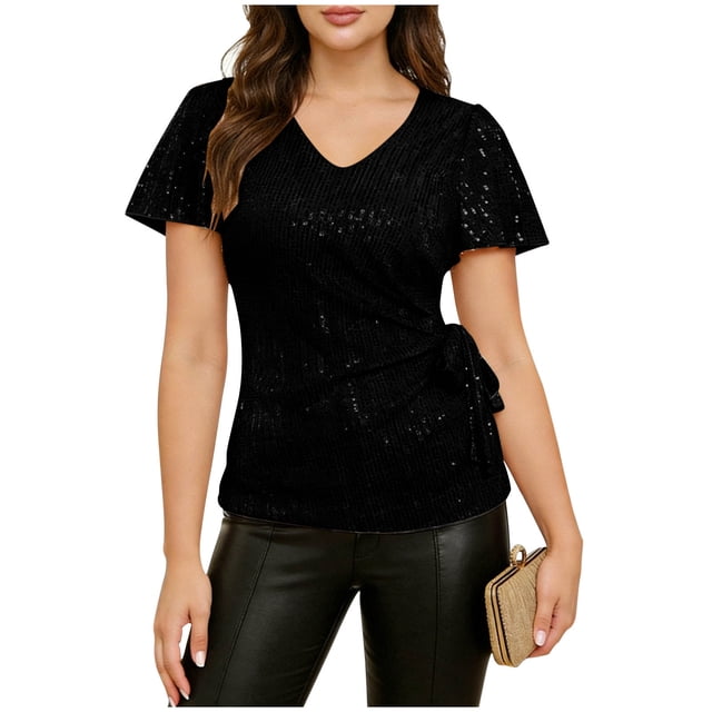 Blusas de Manga Corta para las Mujeres Vestido Casual Lentejuelas Envoltura Cuello en V Partido Sólido Top Camisas Brillantes con Revestimiento Interior Glamour
