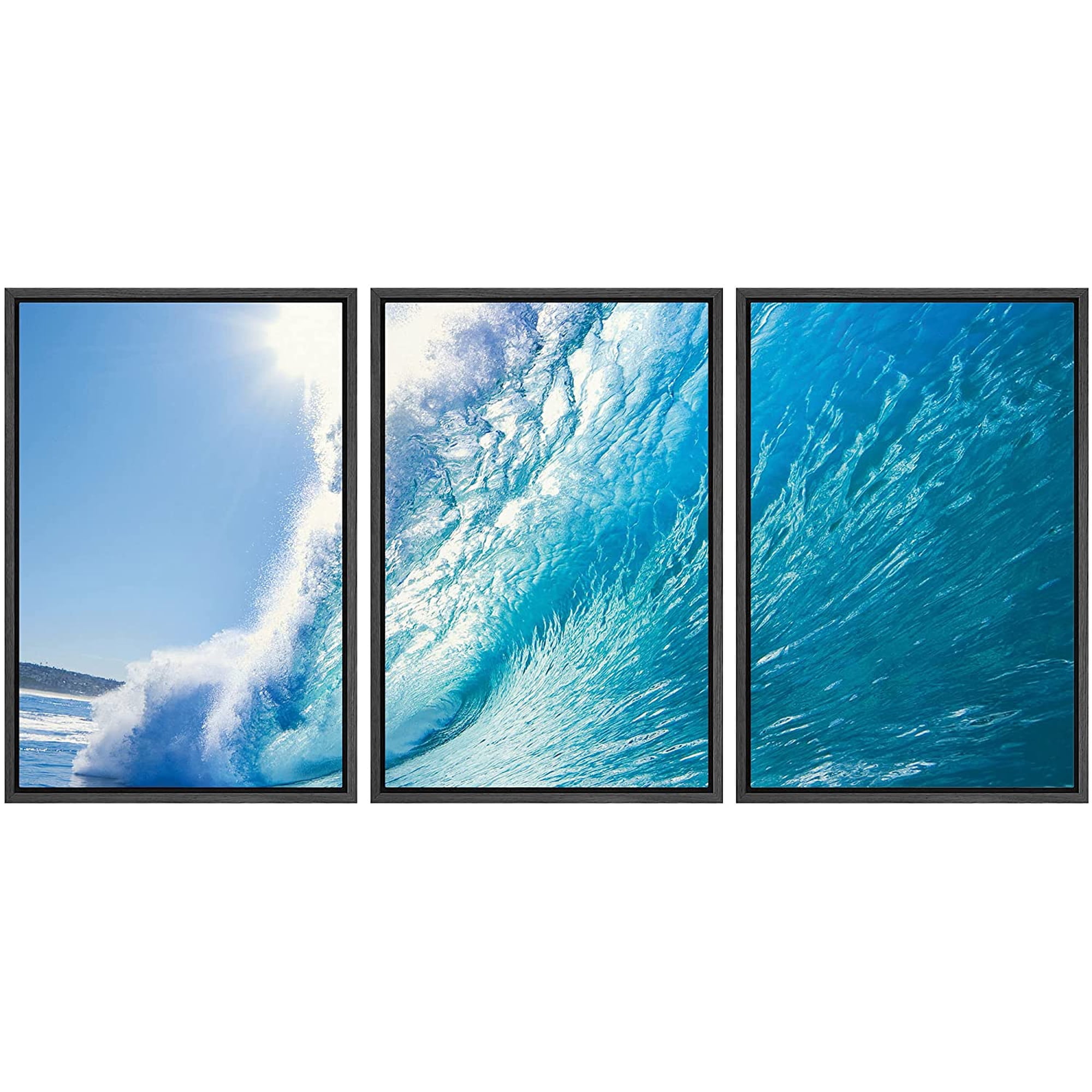 wall26 3 Piece Framed Canvas Print - Contemporary Art Modern Wall Art - Ocean Wave - Surf Barrel - Giclee Artwork - Gallery Wrapped Wood Stretcher Bars - Ready to Hang - 24 x36 x3 BLACK